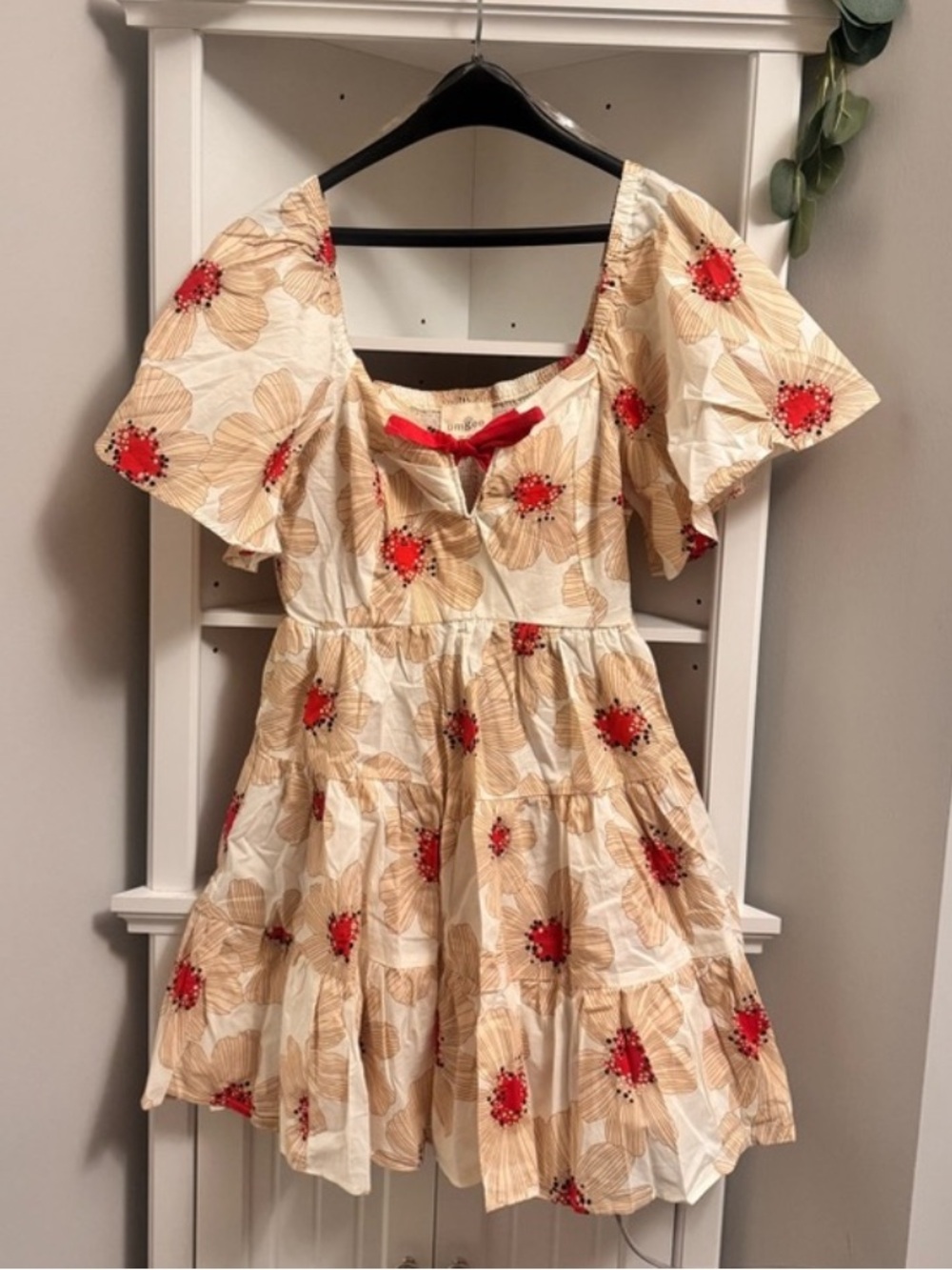 Umgee Beige Mini Dress with Red Floral Embroidery